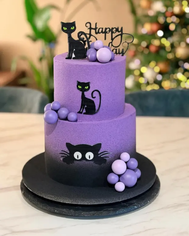 Purple cat cake in two tiers
